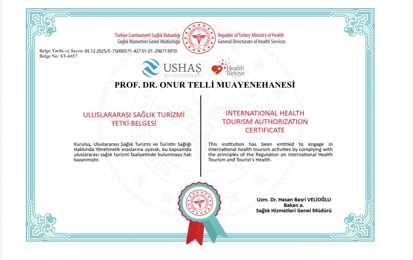 Prof. Dr. Onur Telli Muayenehanesi Uluslararası Sağlık Turizmi Yetki Belgesi